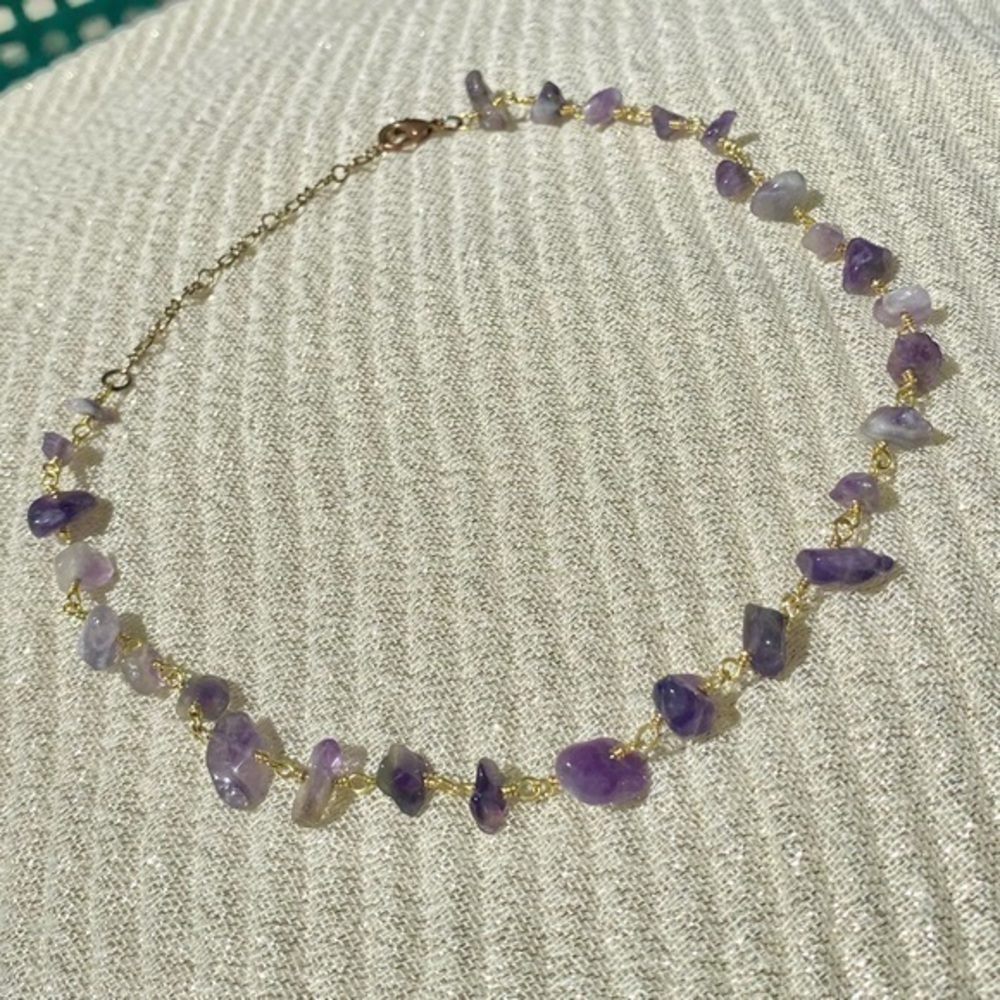 Purple amethyst gem stones choker short necklace